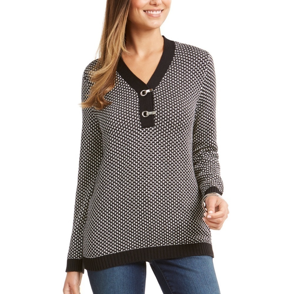 Karen Scott Sz XXL Contrast Trim Textured Black White Cotton Sweater Longline